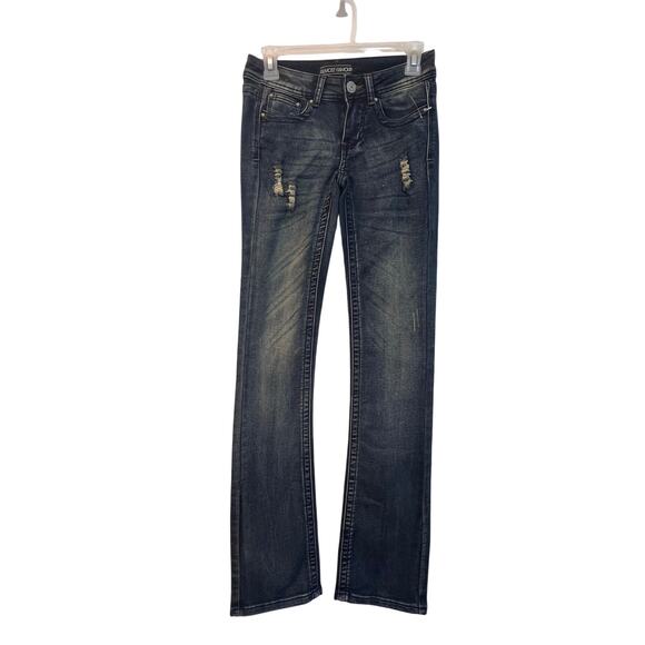Almost Famous Jeans Womens Size 0 Long Hi Rise Bootcut Distressed Blue Denim New - Picture 1 of 5